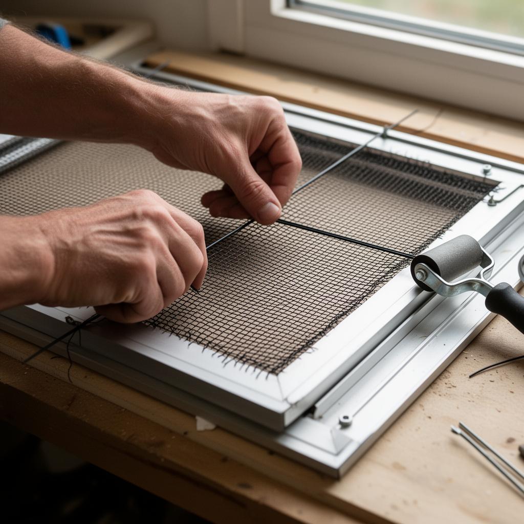Hands re-meshing an aluminum window screen frame with a spline roller on a workbench